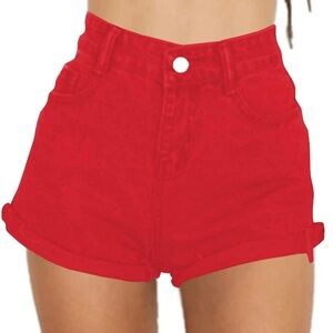 Red high waisted denim shorts